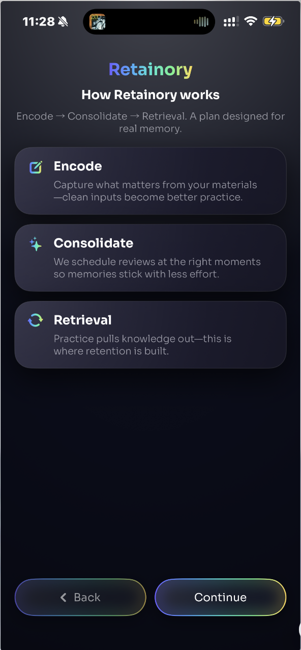 Retainory app preview on a phone